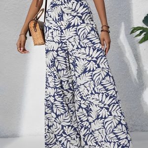 Tropical Printed Casual High-Waisted Wide-Leg Trousers Pants Blue/XL - Allegra K catalog