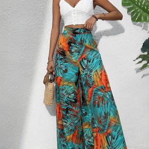 Tropical Printed Casual High-Waisted Wide-Leg Trousers Pants Mixed Colors/M - Allegra K catalog