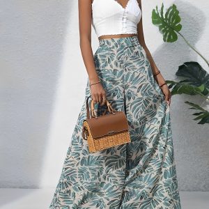 Tropical Printed Casual High-Waisted Wide-Leg Trousers Pants Olive Green/XS - Allegra K catalog