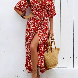Floral Printed V Neck Slit Mid Sleeves Wrap Dress Red/XS - Allegra K catalog