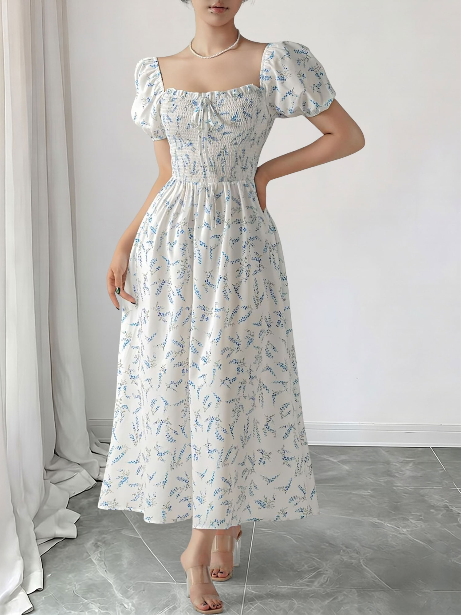 Square Neck Puff Sleeve Floral Smocked A-Line Dress Blue/S - Allegra K catalog