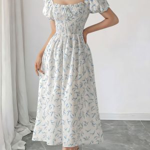 Square Neck Puff Sleeve Floral Smocked A-Line Dress Blue/L - Allegra K catalog