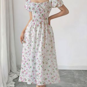 Square Neck Puff Sleeve Floral Smocked A-Line Dress Pink/L - Allegra K catalog