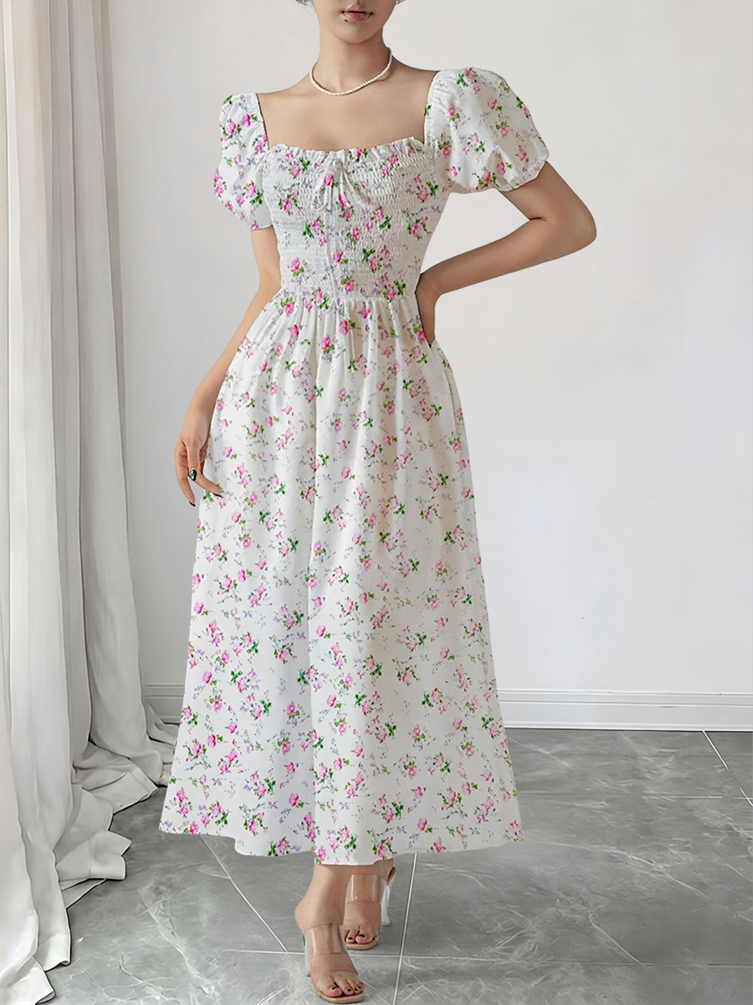 Square Neck Puff Sleeve Floral Smocked A-Line Dress Pink/XL - Allegra K catalog