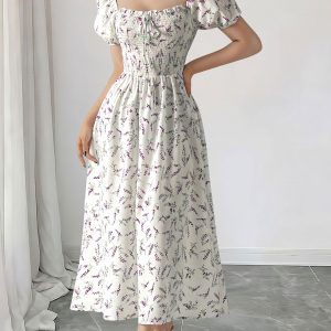 Square Neck Puff Sleeve Floral Smocked A-Line Dress Purple/L - Allegra K catalog