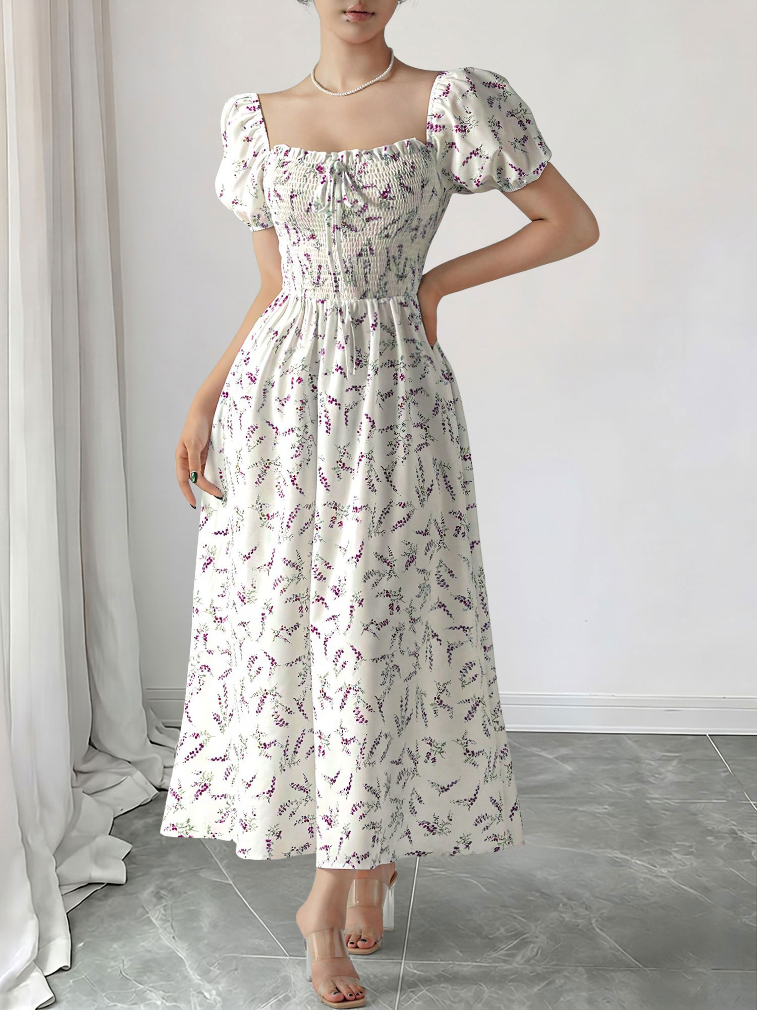 Square Neck Puff Sleeve Floral Smocked A-Line Dress Purple/L - Allegra K catalog