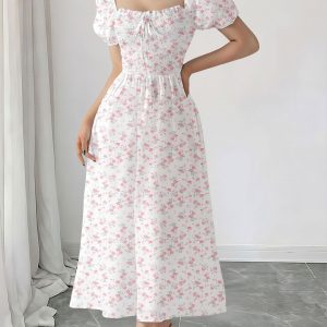 Square Neck Puff Sleeve Floral Smocked A-Line Dress Light Pink/XS - Allegra K catalog