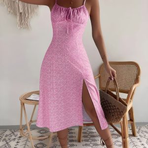 Floral Spaghetti Strap Slit Midi Dress Pink/L - Allegra K catalog