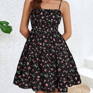Floral Print Spaghetti Straps A-Line Mini Dress Black/XS - Allegra K catalog