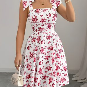 Floral Lace-Up Straps Backless Smocked A-Line Dress Red/XS - Allegra K catalog