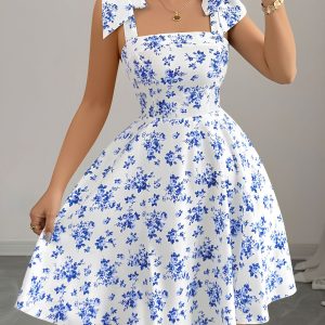 Floral Lace-Up Straps Backless Smocked A-Line Dress Blue/M - Allegra K catalog