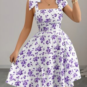 Floral Lace-Up Straps Backless Smocked A-Line Dress Purple/S - Allegra K catalog