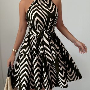 Graphic Halter Neck Sleeveless A-Line Mini Dress Black/XS - Allegra K catalog