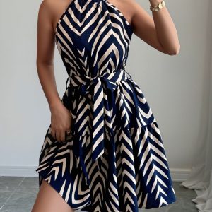 Graphic Halter Neck Sleeveless A-Line Mini Dress Blue/XS - Allegra K catalog