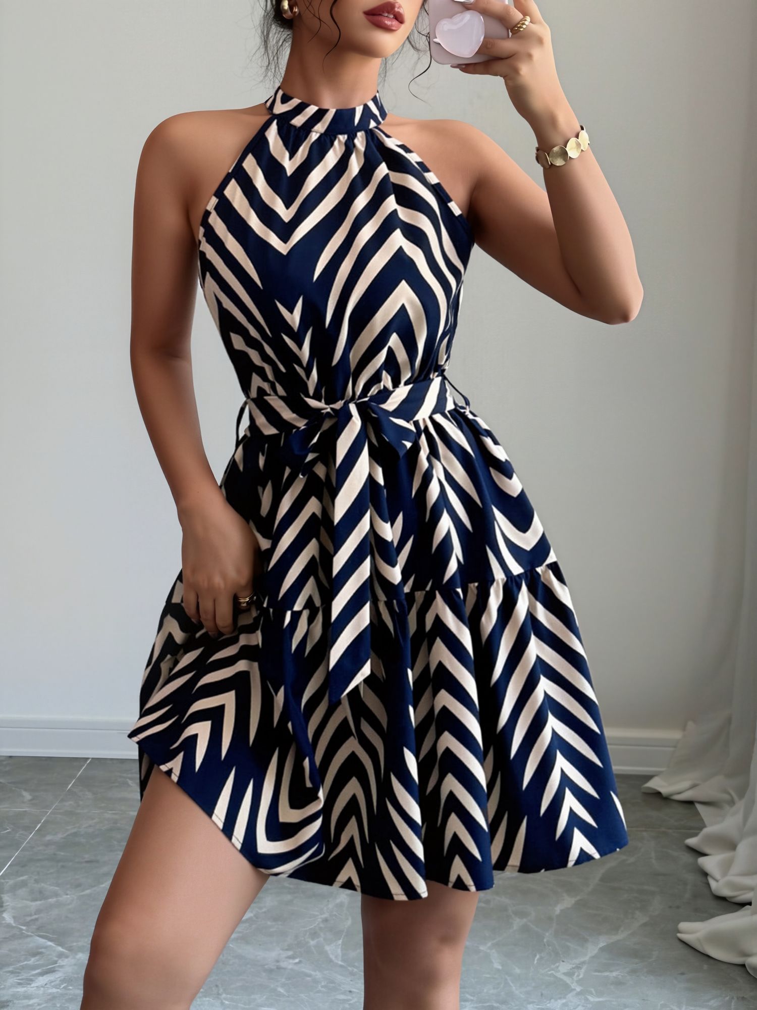 Graphic Halter Neck Sleeveless A-Line Mini Dress Blue/L - Allegra K catalog