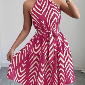 Graphic Halter Neck Sleeveless A-Line Mini Dress Rose Red/S - Allegra K catalog