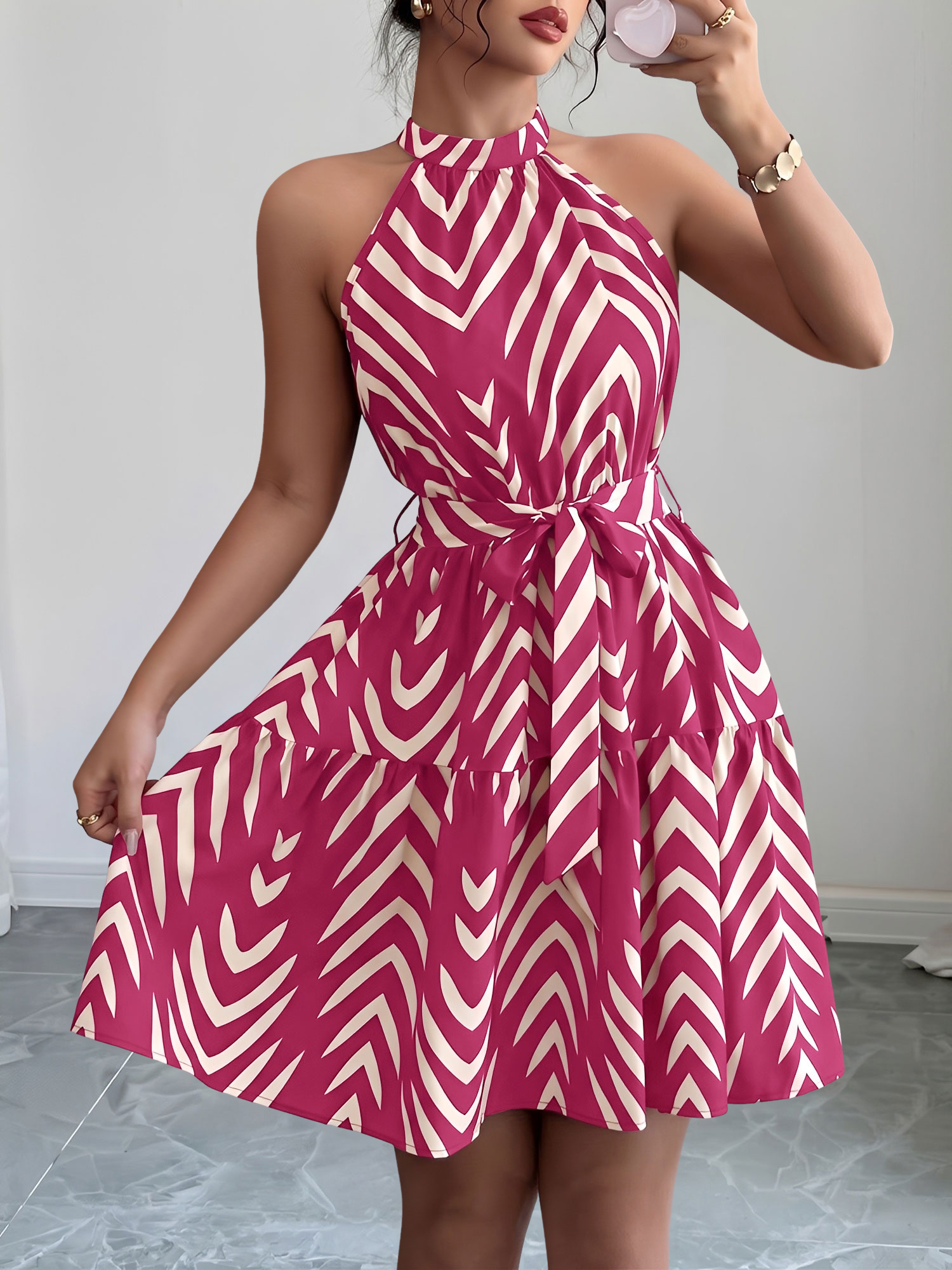 Graphic Halter Neck Sleeveless A-Line Mini Dress Rose Red/S - Allegra K catalog