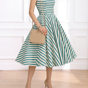 Retro 1950s Asymmetrical Stripes Playful Midi Swing Dress Green/XS - Allegra K catalog