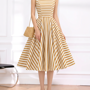 Retro 1950s Asymmetrical Stripes Playful Midi Swing Dress Yellow/S - Allegra K catalog