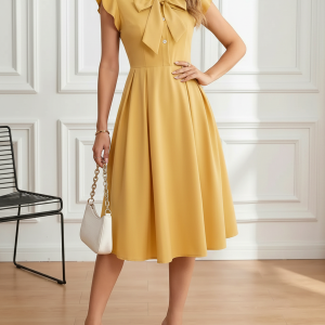Retro Bow-Tie Ruffle Sleeve A-Line Midi Dress Yellow/S - Allegra K catalog
