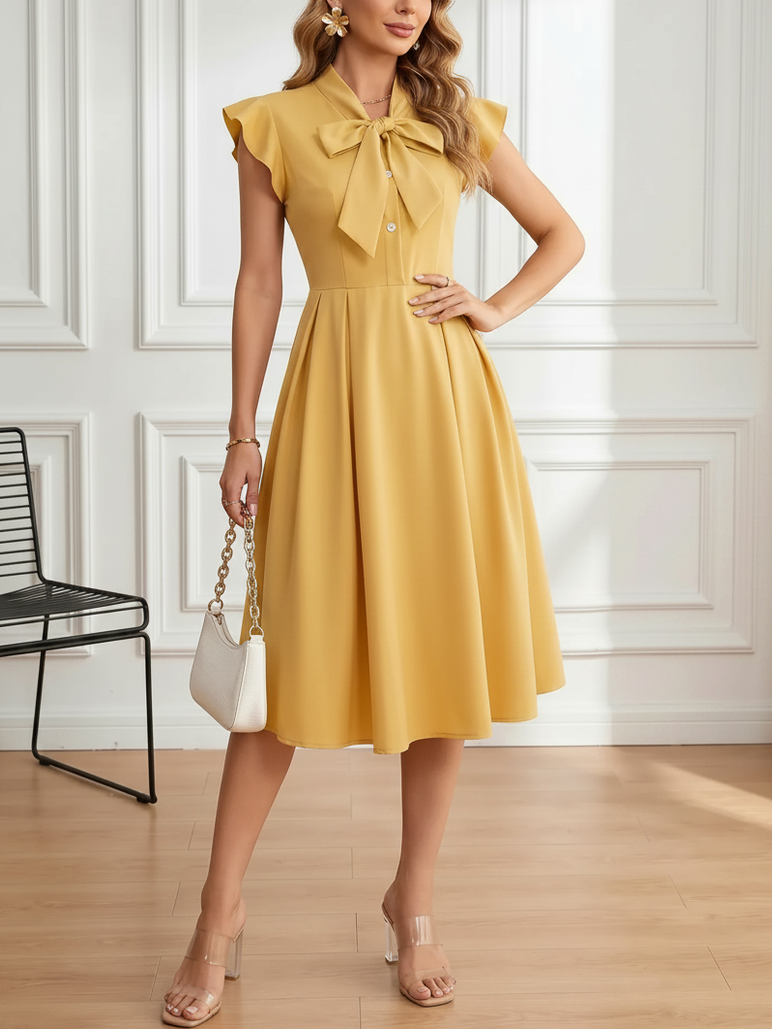 Retro Bow-Tie Ruffle Sleeve A-Line Midi Dress Yellow/M - Allegra K catalog