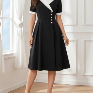 Colorblocked Notched Lapel Short Sleeves A-Line Midi Dress Black/XL - Allegra K catalog