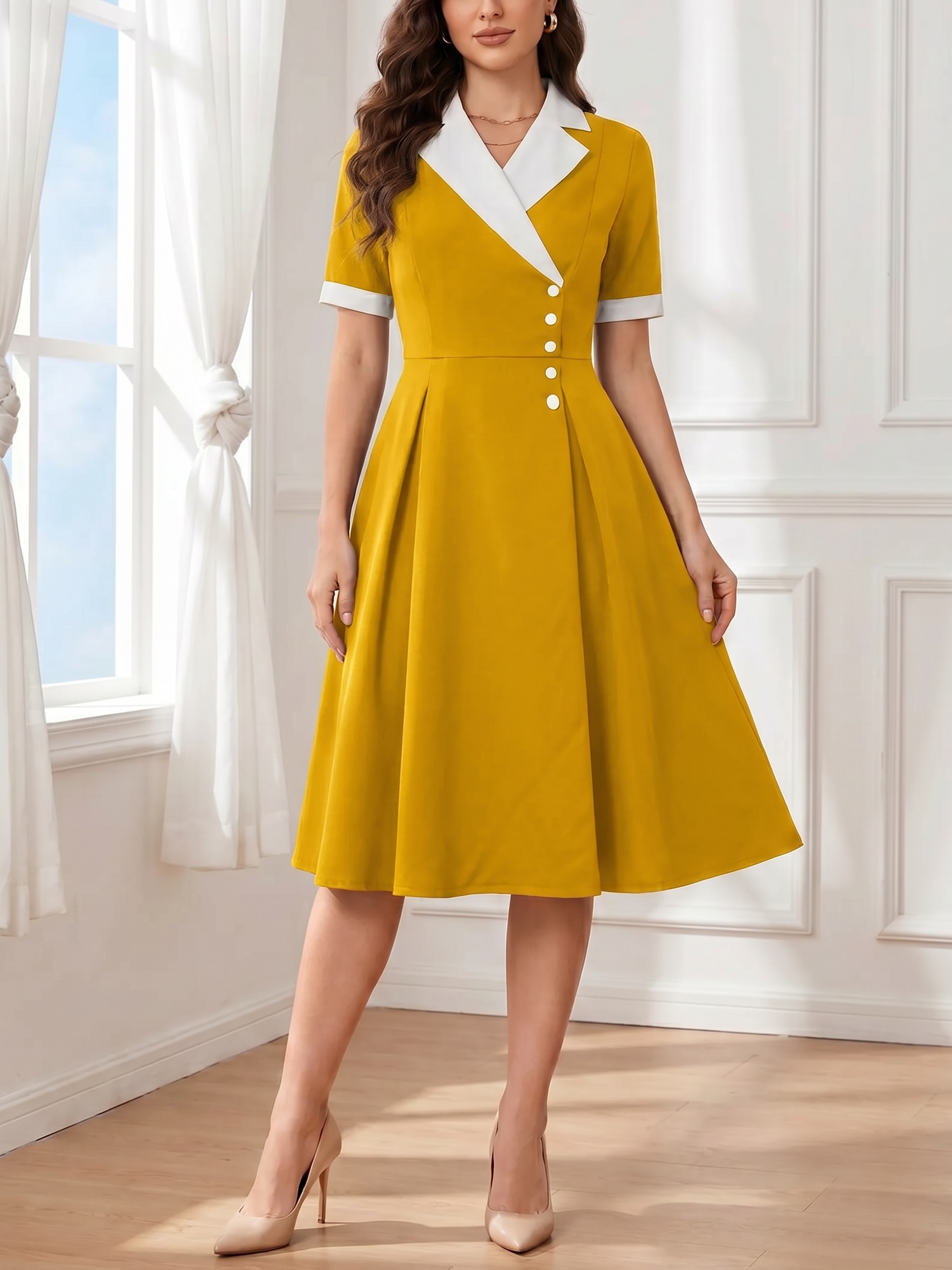 Colorblocked Notched Lapel Short Sleeves A-Line Midi Dress Yellow/S - Allegra K catalog