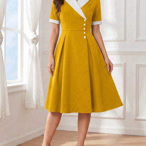 Colorblocked Notched Lapel Short Sleeves A-Line Midi Dress Yellow/M - Allegra K catalog