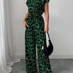 Leopard-Print Cap Sleeve Tie Waist Jumpsuit Green/S - Allegra K catalog