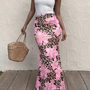 Floral Leopard Bodycon Fishtail Maxi Skirt Pink Leopard/XS - Allegra K catalog