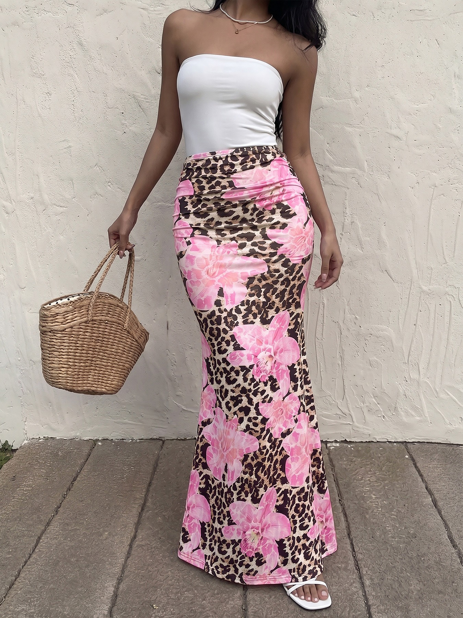 Floral Leopard Bodycon Fishtail Maxi Skirt Pink Leopard/XS - Allegra K catalog