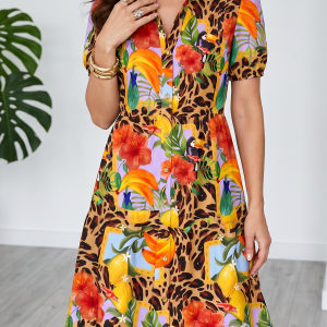 Floral Printed Short Sleeves A-Line Shirt Dress Yellow Leopard/L - Allegra K catalog