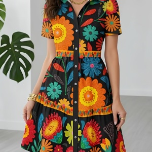 Floral Printed Short Sleeves A-Line Shirt Dress Black/M - Allegra K catalog