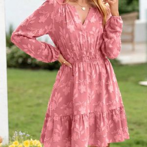 Notch Neck Jacquard Elastic Waist A-Line Dress Pink/S - Allegra K catalog