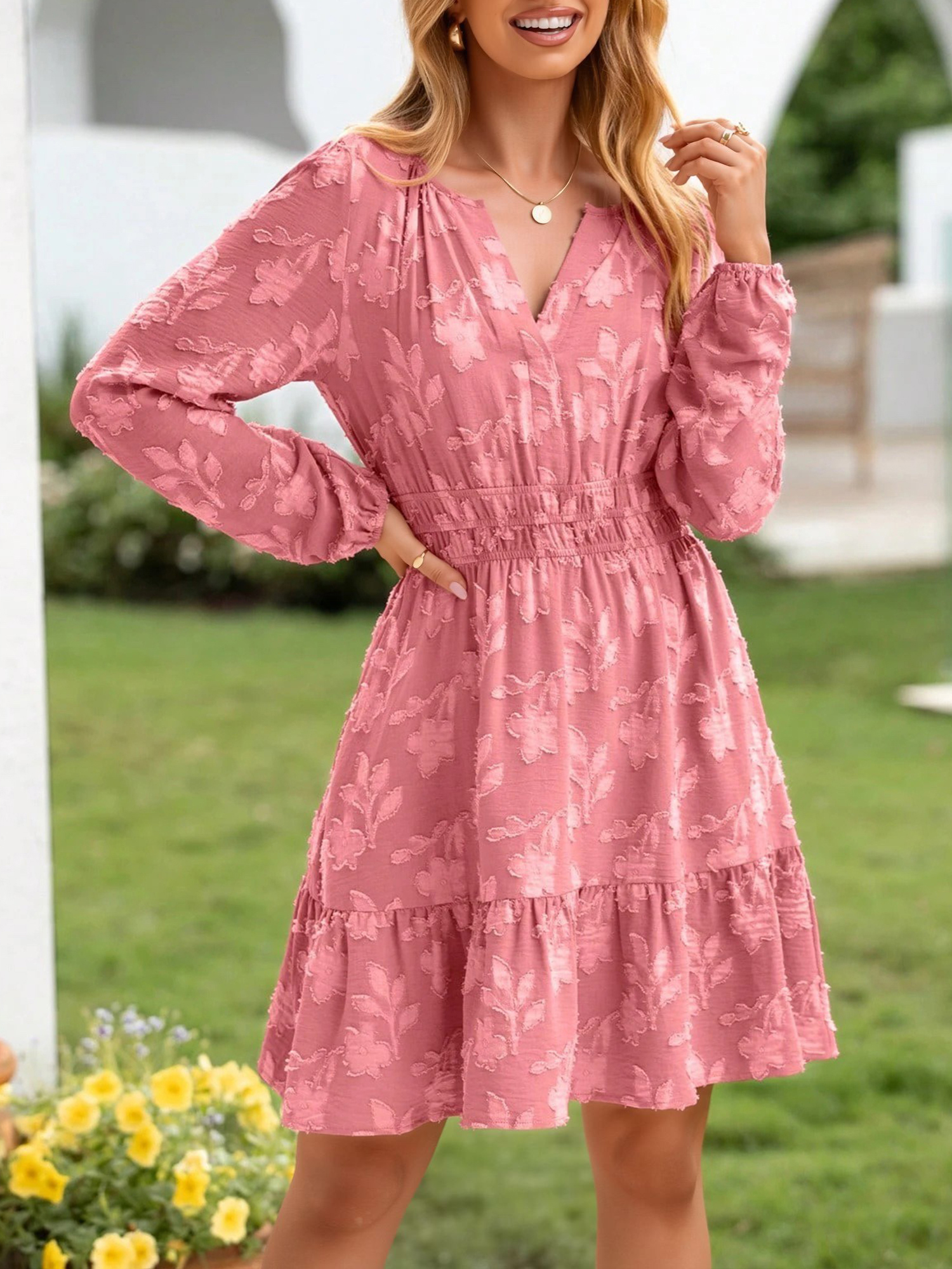 Notch Neck Jacquard Elastic Waist A-Line Dress Pink/M - Allegra K catalog