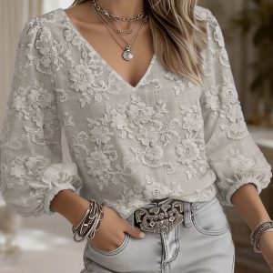Floral Puff 3/4 Sleeve V Neck Casual Blouse Gray/S - Allegra K catalog