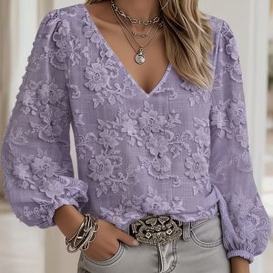 Floral Puff 3/4 Sleeve V Neck Casual Blouse Light Purple/L - Allegra K catalog