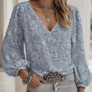 Floral Puff 3/4 Sleeve V Neck Casual Blouse Grey Blue/S - Allegra K catalog