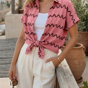 Jacquard Short Sleeves Casual Versatile Blouse Pink/L - Allegra K catalog