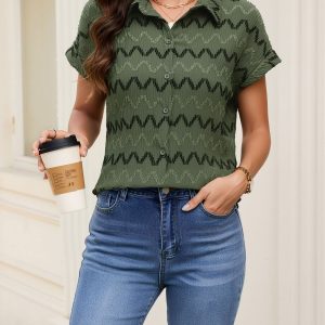 Jacquard Short Sleeves Casual Versatile Blouse Army Green/XS - Allegra K catalog