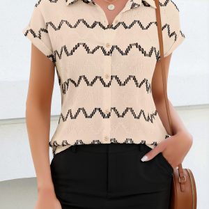 Jacquard Short Sleeves Casual Versatile Blouse Apricot/XS - Allegra K catalog