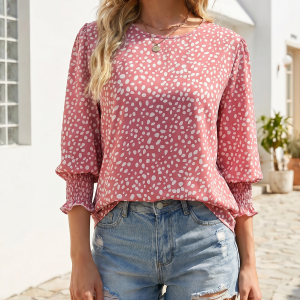 Casual Printed 3/4 Sleeve Round Neck Blouse Pink/XL - Allegra K catalog