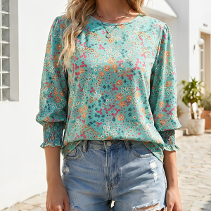 Casual Printed 3/4 Sleeve Round Neck Blouse Light Green/XS - Allegra K catalog