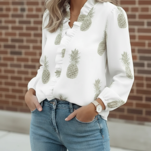 3/4 Puff Sleeve V Neck Ruffled Printed Blouse White/L - Allegra K catalog