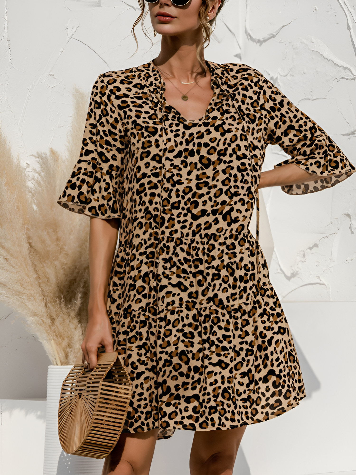 Leopard V-Neck Flounce Sleeve Tiered Mini Dress Leopard/M - Allegra K catalog