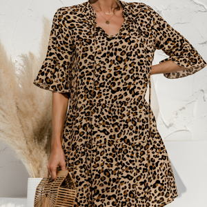 Leopard V-Neck Flounce Sleeve Tiered Mini Dress Leopard/L - Allegra K catalog