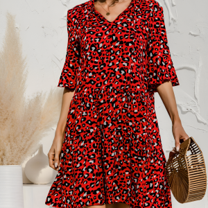 Leopard V-Neck Flounce Sleeve Tiered Mini Dress Red/S - Allegra K catalog