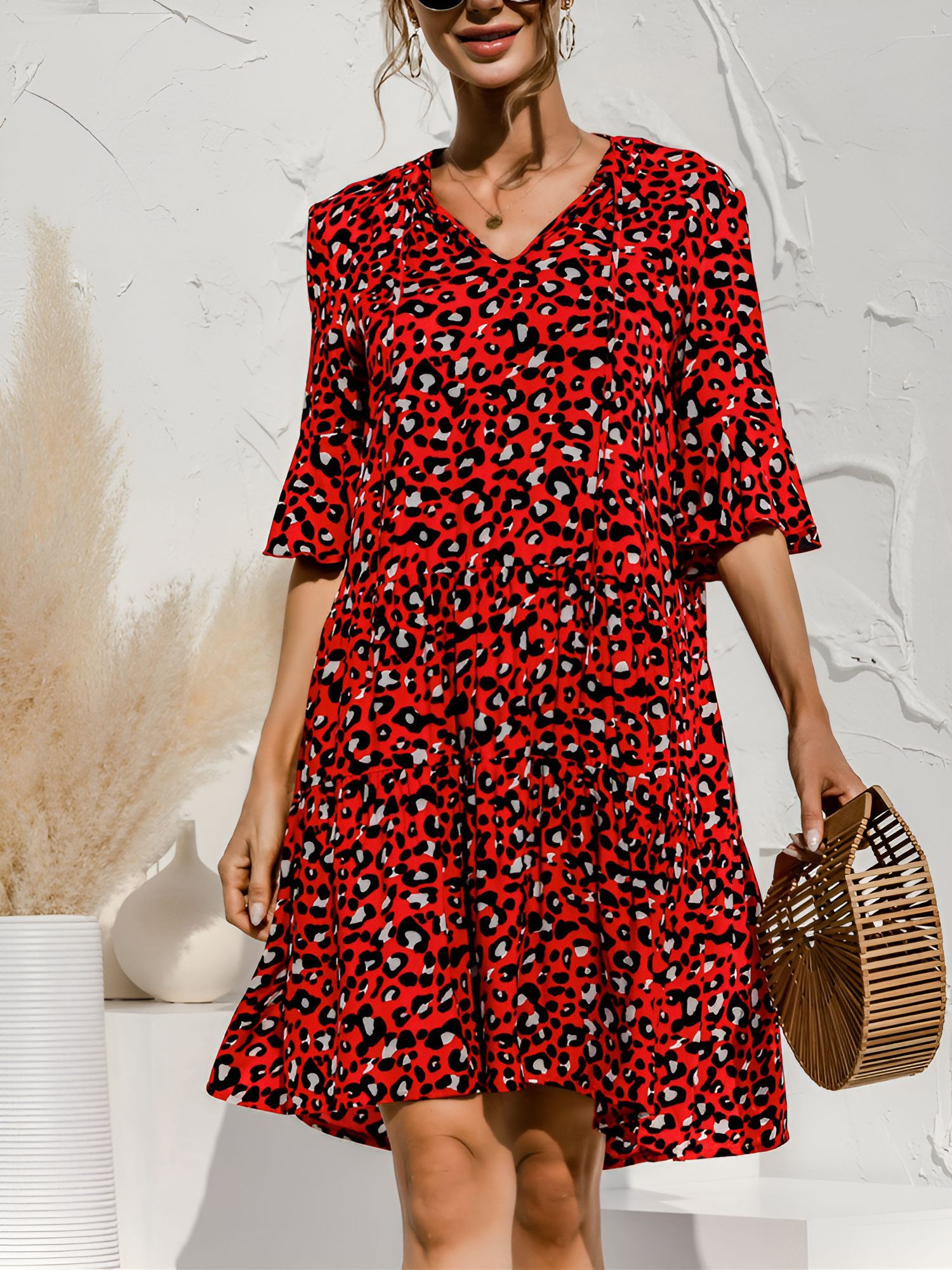 Leopard V-Neck Flounce Sleeve Tiered Mini Dress Red/M - Allegra K catalog