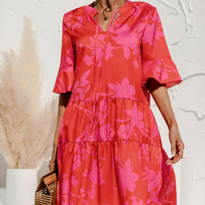 Leopard V-Neck Flounce Sleeve Tiered Mini Dress Rose Red/S - Allegra K catalog
