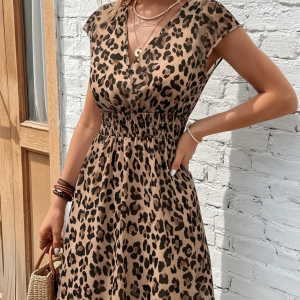 Leopard Floral V-Neck Cap Sleeves A-Line Dress Leopard/S - Allegra K catalog